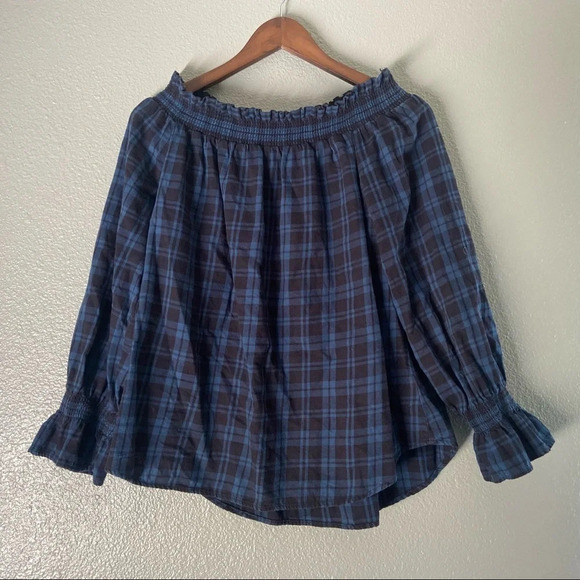 Boho Chic Gingham Top Oversize Plaid Ruffle Flannel Size Small Off The Shoulder - Picture 9 of 10